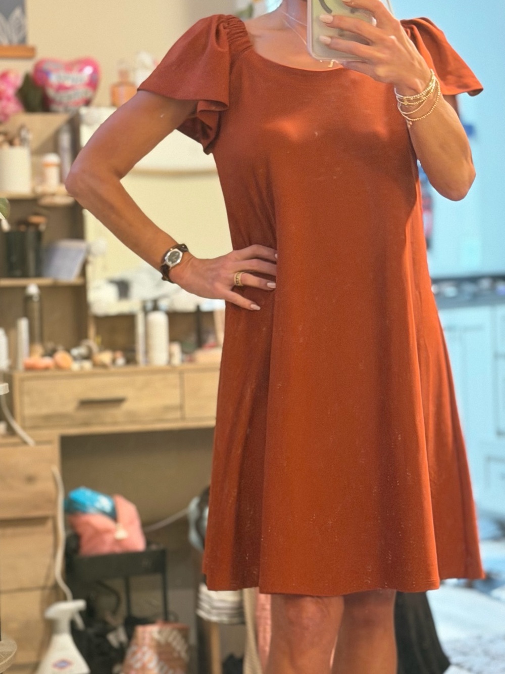 Flutter Sleeve A-Line Dress in Rust